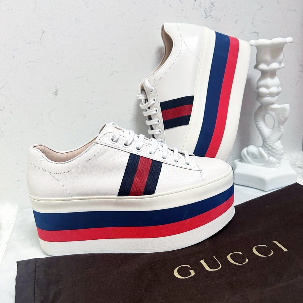 Authentic Gucci Web Striped Peggy Platform Sneakers 37.5 - Picture 7 of 13